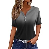 Womens Spring Tops T Shirt Tee Print Button Short Sleeve Daily Weekend Fashion Basic V- Neck Top