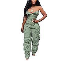 Tbahhir Women's Sexy Off Shoulder Tube Denim Cargo Jumpsuits Wide Leg Baggy Loose Jean Pants Rompers Overalls