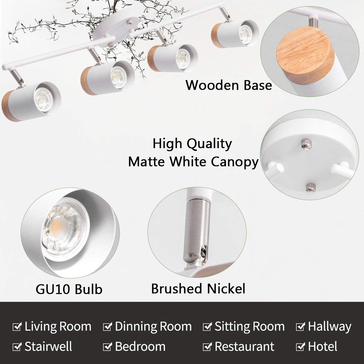 TeHenoo Adjustable Track Lighting Kit, 4-Lights Ceiling Light GU10 Bulb with Metal and Wood Shade for Living Room, Kitchen, Utility Room (White)