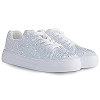 Sparkle Rhinestone Sneakers for Women Bling Sneakers Rhinestone Sneakers White Shoe Glitter Fashion Bedazzled Platform Tennis Shoes Bride Sequin Wedding and Party Trendy Shoe