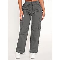 Pants for Women Women's Pant Drawstring Waist Flap Pocket Cargo Pants Pants (Color : Dark Grey, Size : XX-Small)