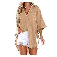 Women's Tops Trendy Casual Lace-Up Button Lapel Shirt Loose Side Knotted Long Sleeve Shirt Fall Tops, M-5XL