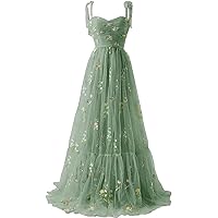 Women`s Long Dresses A-line Tulle Sling Formal Gowns Floral Pleated Maxi Dress