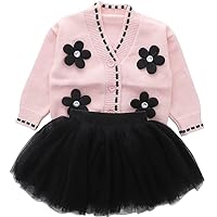 AWIBMK Baby Girls Knitted Sweater Dress Kids Floral Sweater Top + Ruffles Mini Skirt Outfits Fall Winter Clothes Set 2pcs