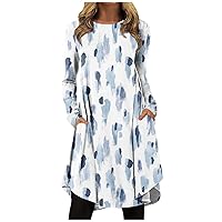 Hip Winter Tunic Women Homewear Tunic Long Sleeve Cotton Loose Fit Round Neck Print Pocket Comfy Tunic Dress