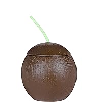 Tropical Coconut Shaped Brown Plastic Cups w/ Straws - 18 oz (1 Pc) - Reusable Novelty Drinkware for Parties, Beach Events & Tiki Bar Atmosphere