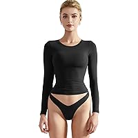 SUUKSESS Women Double Lined Fitted Basic T Shirts Crew Neck Long Sleeve Crop Top