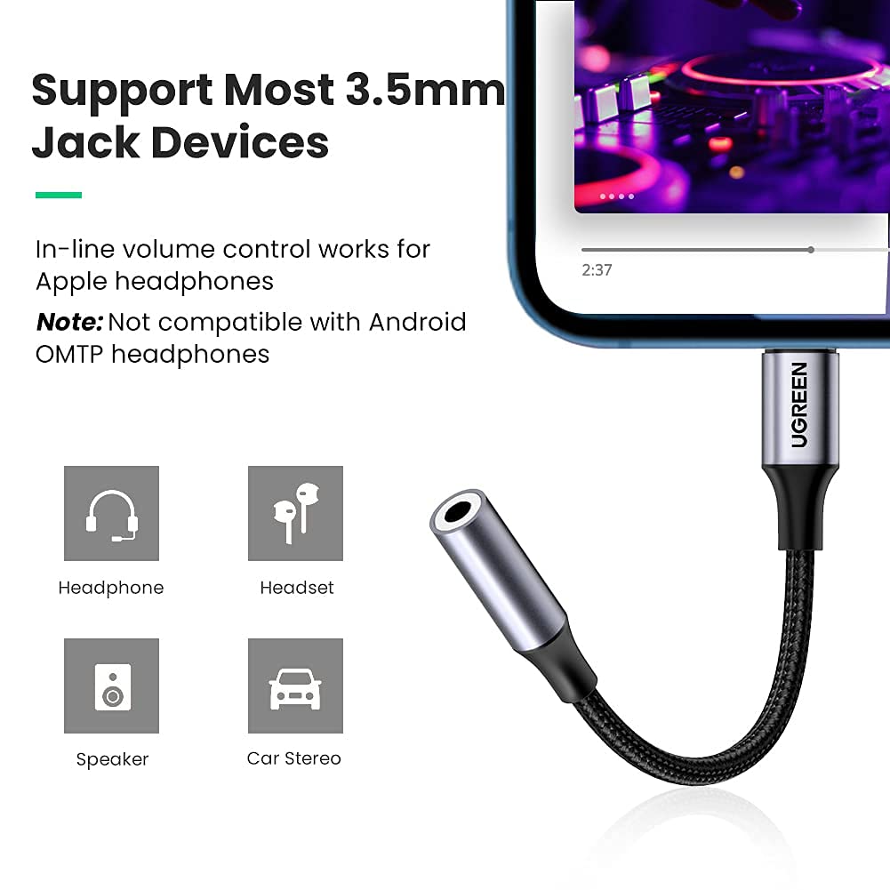 UGREEN Lightning to 3.5mm Adapter Apple MFi Certified Headphone Adapter for iPhone and USB C to 3.5mm Audio Adapter Bundle