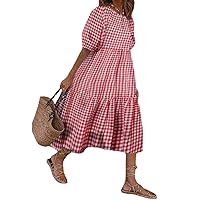 Women Flowy Short Puff Sleeve Plaid Ruffle Midi Dress Loose Fit Plus Size Casual Dresses Summer Boho Beach Party Sundress