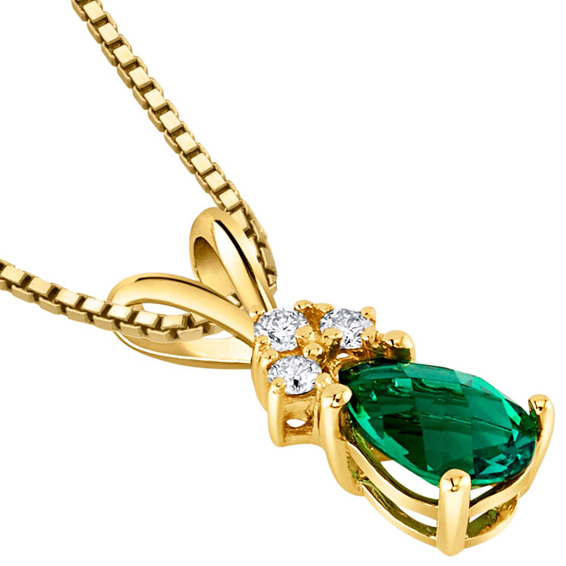 Peora Solid 14K Yellow Gold Created Emerald with Genuine Diamonds Pendant for Women, Dainty Teardrop Solitaire, Pear Shape, 7x5mm
