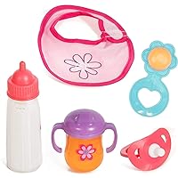 Baby Doll Bottles with Disappearing Milk, Realistic Accessories, 5 Piece Baby Doll Feeding Set, Includes A Disappearing Magic Bottle, Sippy Cup, Bib and Pacifier