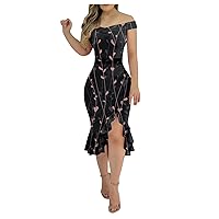 Overall Dress for Women, Off Shoulder Dress Off The Shoulder Dresses for Women Off Shoulder Dress Womens Casual Irregular Hem Fashion Backless Flower Print Loose Midi A-Line Weekend (Black,Small)