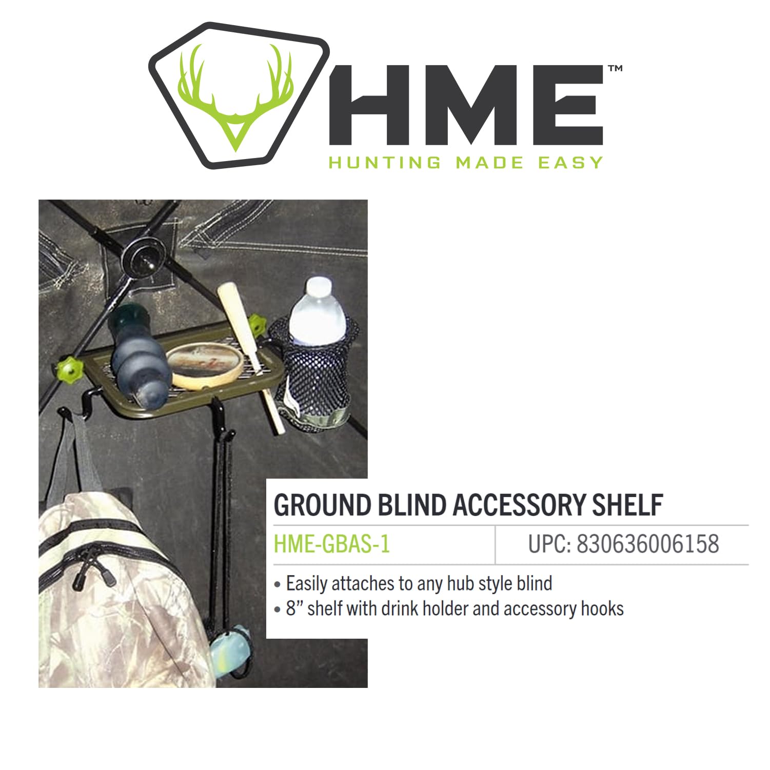 HME Durable Convenient Easy-to-Attach Hunting Ground Blind Accessory Shelf (8 Inches) with Drink Holder & Accessory Hooks