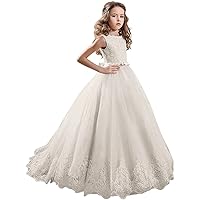 Ball Gown Floor Length Flower Girl Dresses Party Tulle Sleeveless Jewel Neck with Ruching(6,Ivory)