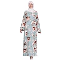 Burkas for Women Muslim Chiffon Muslim Dress Middle East Arabian Robe Islamic Floral Printed Abaya with Belt Long Sleeve Flowy Long Robe Dubai Kaftan Dresses Blue 2X