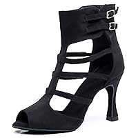Ballroom Heels for Women Cut-out Peep Toe Latin Salsa Dance Shoes Buckle Evening Ankle Booties with Buckle X3227