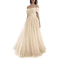 Off Shoulder Tulle Prom Dresses for Women Sparkle Starry Formal Evening Gowns Long A-Line Party Dresses
