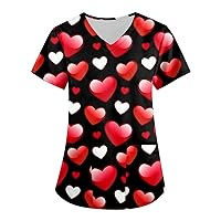 Valentine's Day Scrub Tops for Women Cute Heart Print Nurse Working Uniforms V Neck Short Sleeve Holiday Shirts,Red