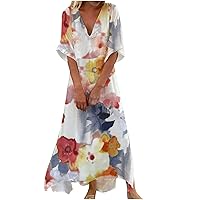 Womens Boho Floral Printed V Neck Dress Half Sleeve Loose Maxi Dress Summer Casual Beach T-Shirt Dresses Vacation Long Dress