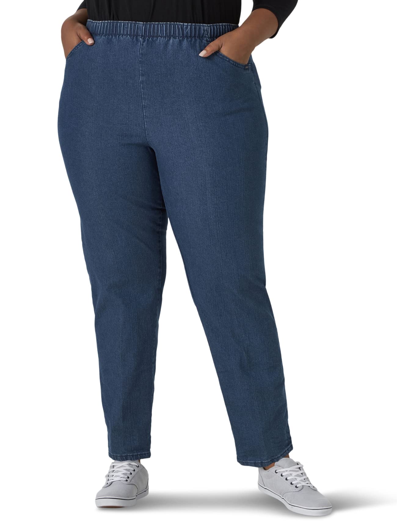 Chic Classic Collection Women's Plus Size Stretch Elastic Waist Pull-On Pant, Mid Shade Denim, 18W Petite