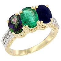 10K Yellow Gold Natural Mystic Topaz, Emerald & Lapis Ring 3-Stone Oval 7x5 mm Diamond Accent, Sizes 5-10