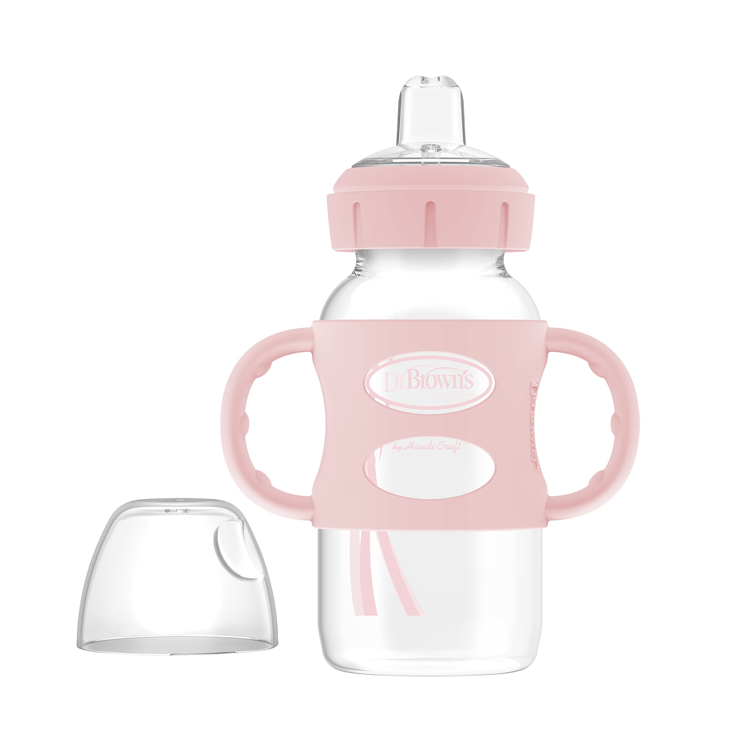Dr. Brown’s® Milestones™ Wide-Neck Sippy Bottle with 100% Silicone Handles, Easy-Grip Bottle with Soft Sippy Spout, 9oz/270mL, BPA Free, Light-Pink & Ecru, 2 Pack, 6m+