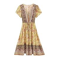 Vintage Chic Short Sleeve Hippie Dress Mujer Vestidos V Neck Elastic Waist Summer Beach Vestidos Women Dreses
