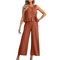 Summer Ruffle 2 Piece Outfits Women Sleeveless Crewneck Cropped Tank Top and Wide Leg Pants Lounge Sets Tracksuit
