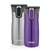 Contigo West Loop Stainless Steel Vacuum-Insulated Travel Mug, 16oz 2-Pack with Autoseal Technology & Easy-Clean Lid, Leak-Proof, Keeps Drinks Hot for 5 Hours & Cold for 12 Hours, Grapevine & Steel