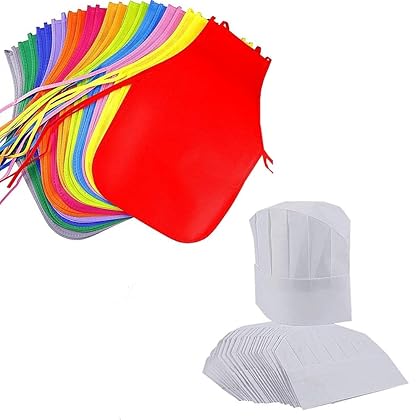 AIVS 24 Pieces Children’s Artists Fabric Aprons & Chef Hats for Kitchen, Classroom, Community Event, Crafts and Art Painting Activity,Kid's Size(M 2-12 Year)
