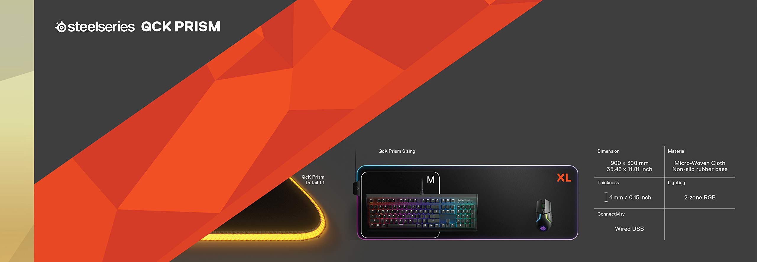 SteelSeries QcK Prism Cloth XL Gaming Mouse Pad, 2 Zones, RGB Illumination, 3.5 x 11.8 x 0.1 inches (9 x 30 x 0.4 cm), Black