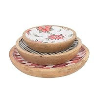 Creative Co-Op Enameled Mango Wood Plates with Patterns, Set of 3, Multicolor