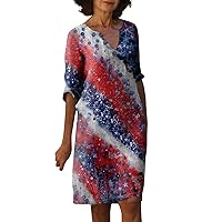 Women's Dresses Summer Short Sleeve Printed V-Neck Dress 4Th of July Outfits, S-3XL