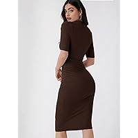 Dresses for Women - Mock Neck Solid Bodycon Dress (Color : Chocolate Brown, Size : Large)