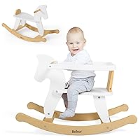 Wooden Rocking Horse for Toddler 1-3 Year Old, Baby Wood Ride-on Toys with Removable Fence for Indoor & Outdoor Activities, Boys & Girls Rocking Animal for Birthday White