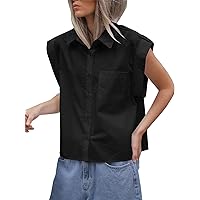 Tankaneo Womens Button Down Shirts Short Sleeve Roll Up Loose Fit Blouse Tops