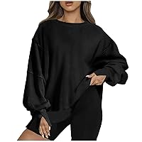 Womens Oversized Crewneck Sweatshirt Side Long Sleeve Pullover Slouchy Tops Slit High Low Hem Sweater Fall Clothes