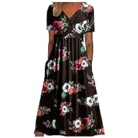 XJYIOEWT Midi Dresses for Women 2024,Women Fashion Casual Pocket Short Sleeve Printed Long Dress Rose Outfits