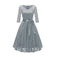 Women Retro Floral Lace 3/4 Sleeve V Neck Cocktail Dress with Belt Summer Classic Solid Bridesmaid A-Line Dresses