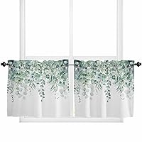 Tier Curtains 24 Inch Length Short Curtains for Windows Rod Pocket Cafe Curtain Farmhouse Curtain Tiers for Kitchen Bathroom 27.5x24inch, Watercolor Spring Plant Eucalyptus Leaves Green,2 Panels