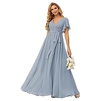 SEIM Women's Flutter Sleeve Bridesmaid Dresses Long with Pockets V Neck Chiffon Formal Dresses SE101