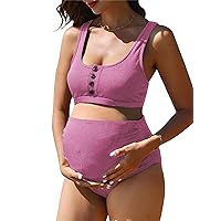 Maternity Ribbed High Waist Swimsuit Crop Top Bikini Bathing Suit High Cut Two Piece Pregnancy Swimwear