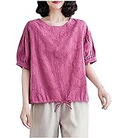 Womens Cotton Linen Drawstring Hem T-Shirts Floral Jacquard Short Sleeve Crewneck Button Back Casual Loose Tee Tops