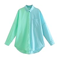 Women's Loose Contrast Shirt Lapel Casual Colorblock Blouse Button Shirts Long Sleeve Boyfriend Blouse Spring Tops
