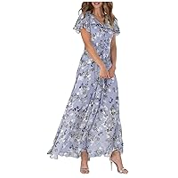 Floral Dresses for Women 2024 Wrap V Neck Short Sleeve Maxi Dresses Casual Boho Ruffle Hem Swing Beach Long Dresses