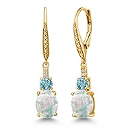Gem Stone King 18K Yellow Gold Plated Silver White Opal and Blue Zircon Dangle Earrings for Women with Lab Grown Diamond (3.03 Cttw, Oval Cabochon 9X7MM)