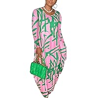 Plus Size Maxi Dress for Women African Print Loose Oversize Long Sleeve Baggy Tshirt Tunic Dresses with Pocket Pink