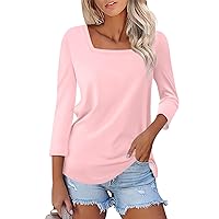 3/4 Length Sleeve Womens Tops Square Neck Solid Color Tunic Loose Fit Tshirs Summer Plus Sized Ladies Blouse