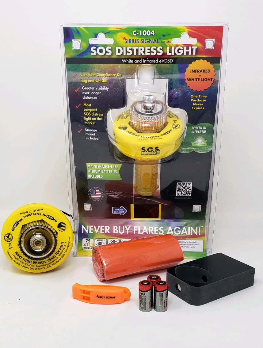Sirius Signal C-1004 SOS One Color and Infrared Visual Distress Signal with Storage Mount and Removable Float Ring, Daytime Distress Flag, and Whistle - CG Approved