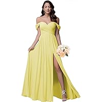 Off The Shoulder Bridesmaid Dresses Chiffon Formal Evening Dress A Line Pleated Prom Dress Long with Slit MA106